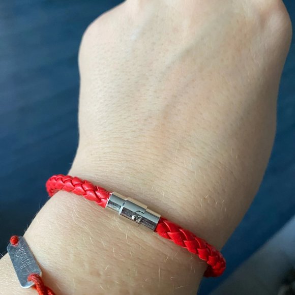 Men's Red Braided Leather Stainless Steel Bracelet - Picture 4 of 7